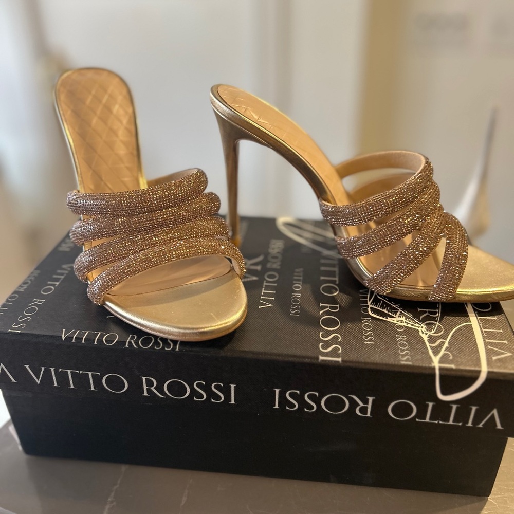 Gold Crystal-Strap Stiletto Mules